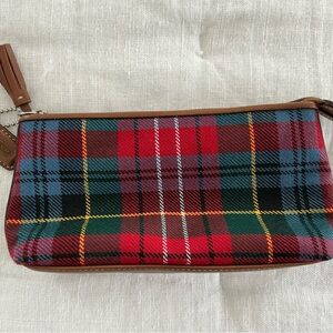 New Coach plaid zip pouch with cognac leather detail.